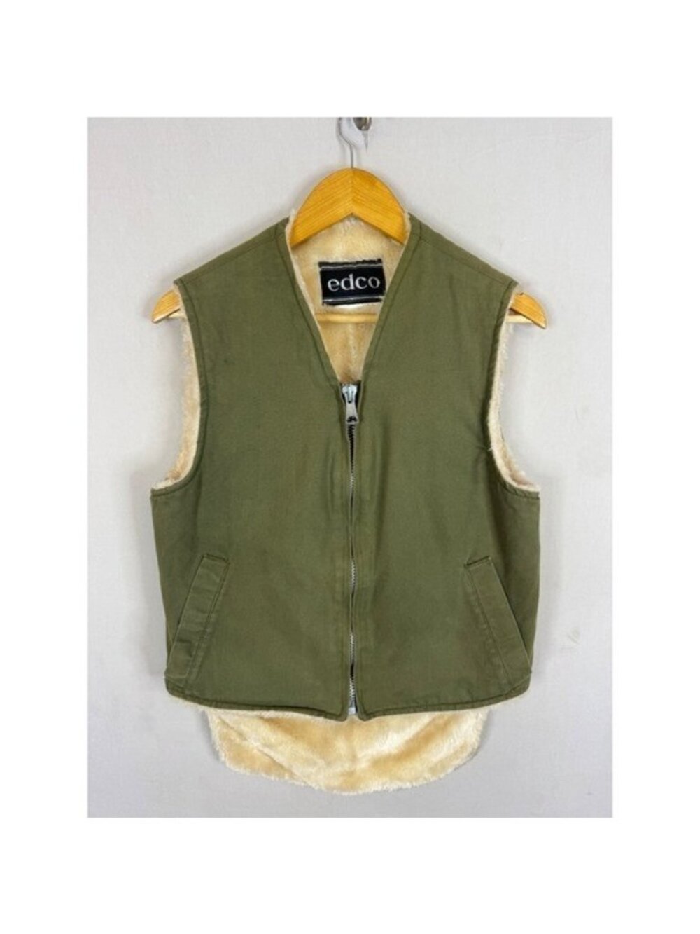 Edco Vintage Mens S Canvas Workwear Vest Faux Fur Lined Olive Green Full Zip